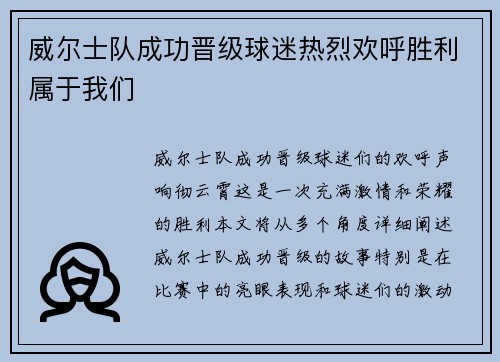 威尔士队成功晋级球迷热烈欢呼胜利属于我们